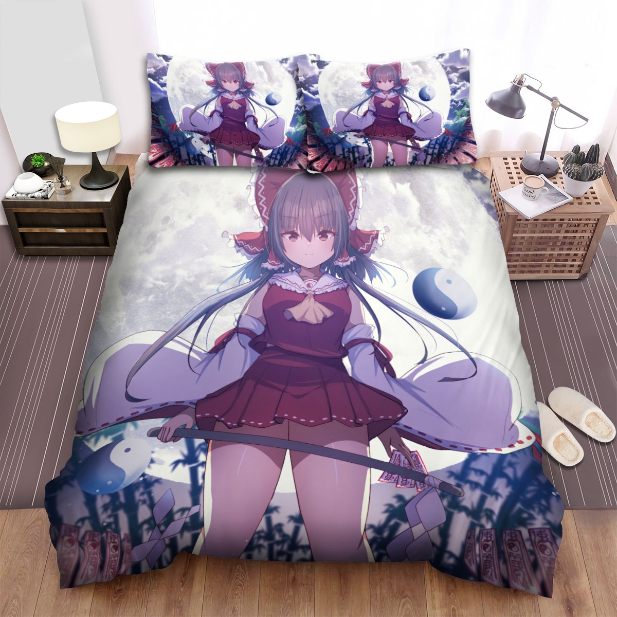 Touhou Hakurei Reimu In Full Moon Night Bed Sheets Spread Duvet Cover Bedding Set - Unique Anime Apparel for Fans