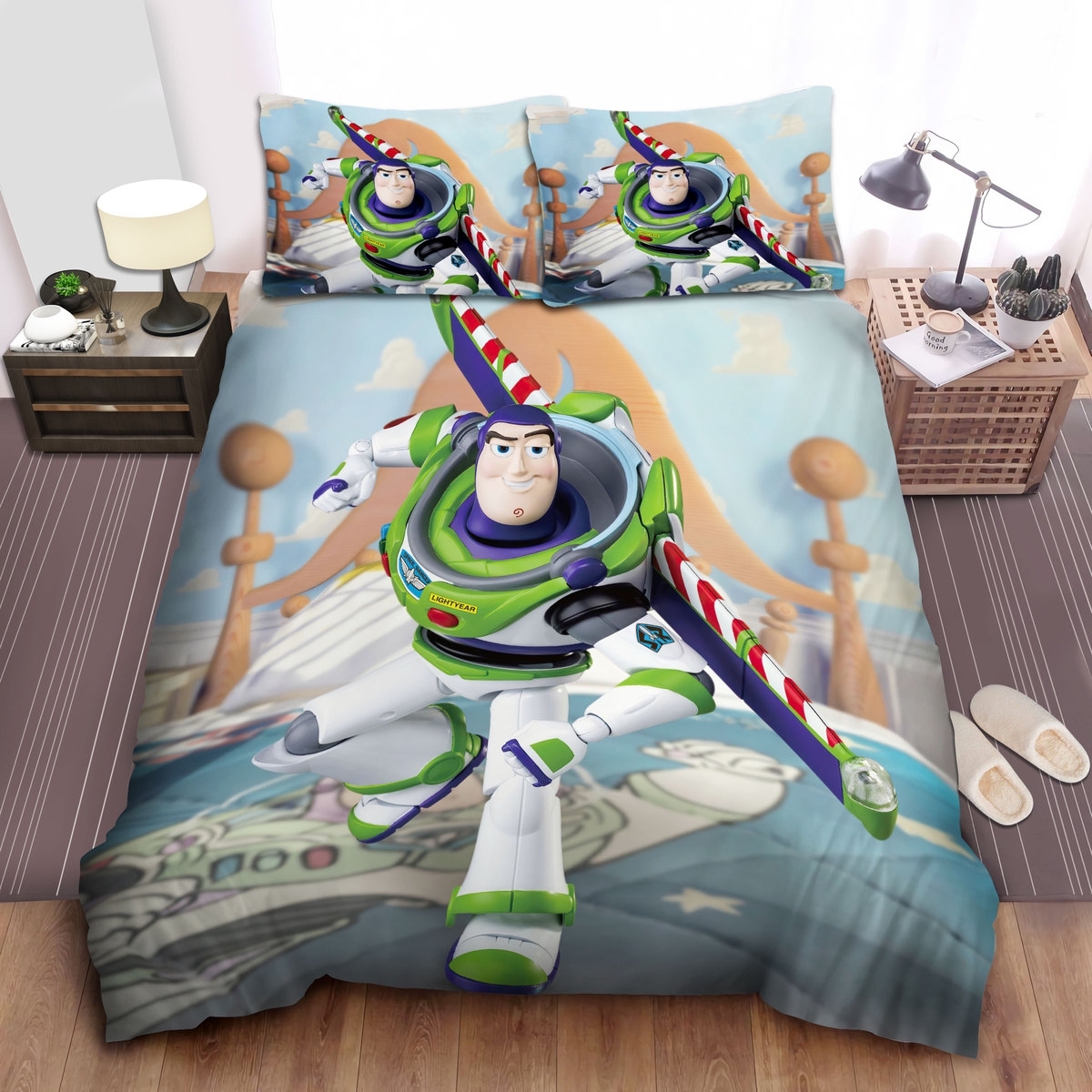 Toy Story Buzz Lightyear On Andy's Bed Illustration Bed Sheets Spread Comforter Duvet Cover Bedding Set - Unique Anime Apparel for Fans