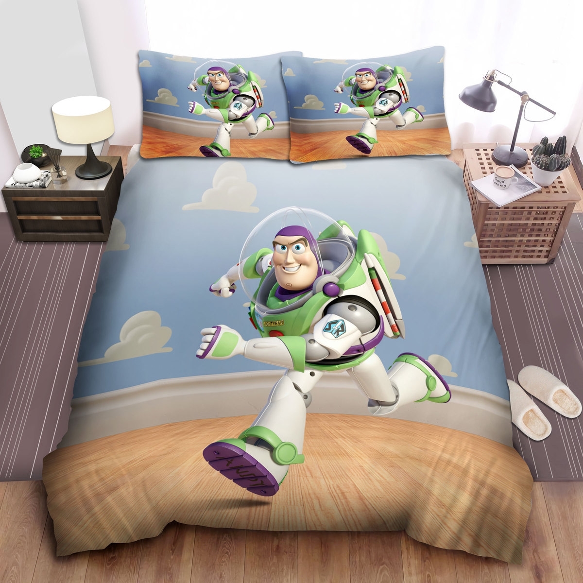 Toy Story Buzz Lightyear Running On Iconic Wall Background Bed Sheets Spread Duvet Cover Bedding Set - Unique Anime Apparel for Fans