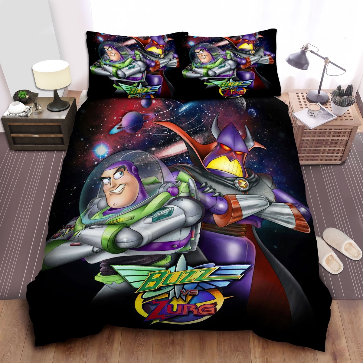 Toy Story Buzz Lightyear Vs Zurg On Galaxy Background Bed Sheets Spread Duvet Cover Bedding Set - Unique Anime Apparel for Fans