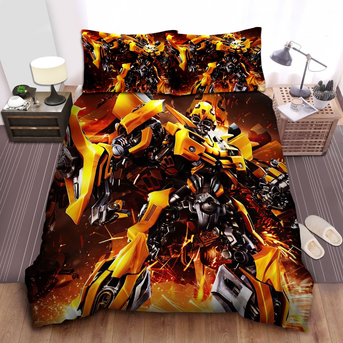 Transformer Bumblebee Detailed Digital Illustration Bed Sheets Spread Duvet Cover Bedding Set - Unique Anime Apparel for Fans