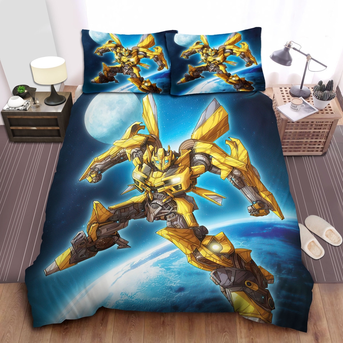 Transformer Bumblebee In Outer Space Digital Drawing Bed Sheets Spread Duvet Cover Bedding Set - Unique Anime Apparel for Fans