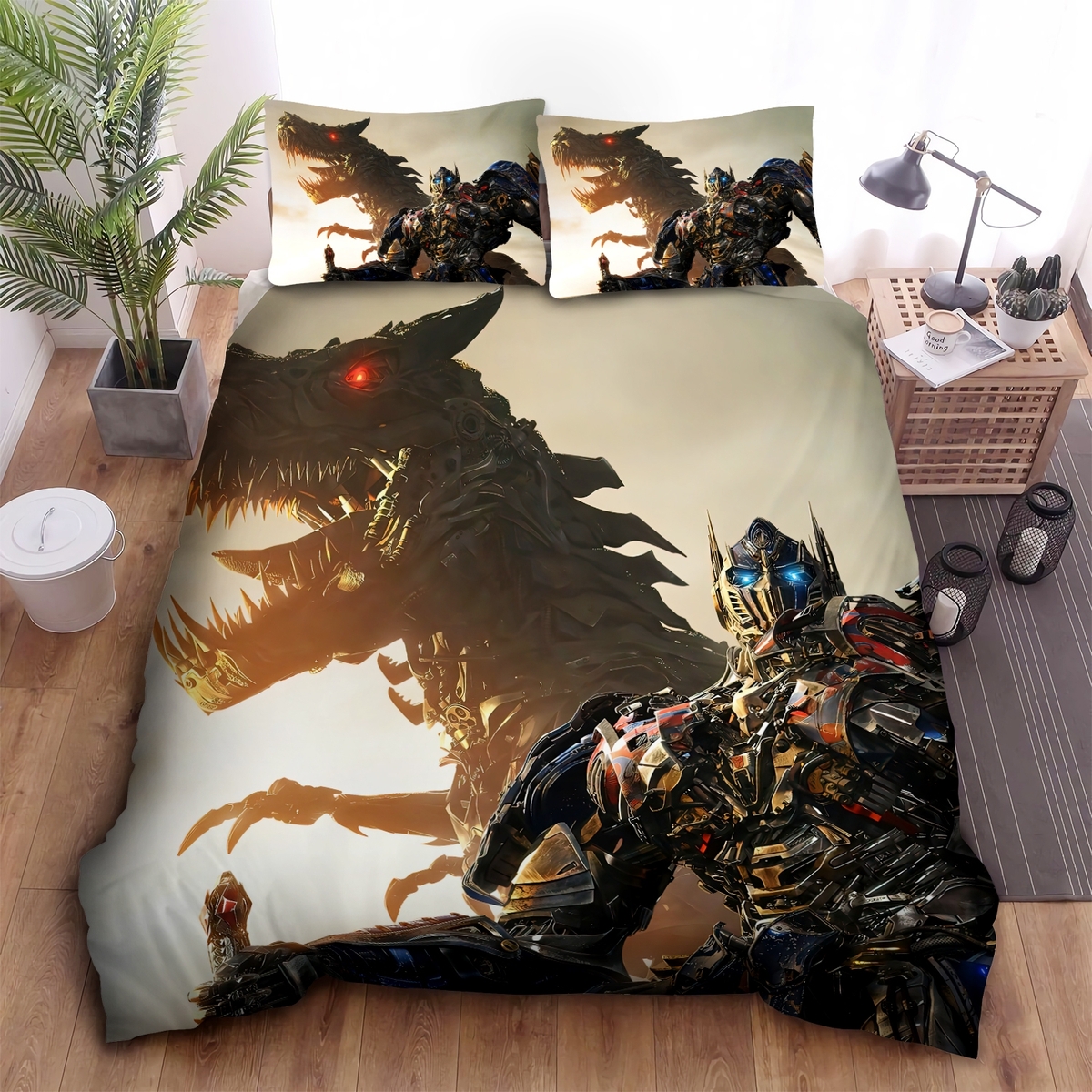 Transformer Optimus Prime & The Machine Dinosaur Bed Sheets Spread Duvet Cover Bedding Set - Unique Anime Apparel for Fans